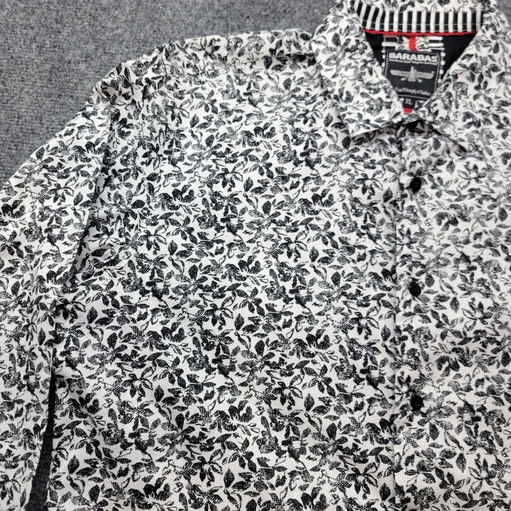 Barabas Mens XL White Black Floral Print Long Sleeve Button Down Cotton Shirt